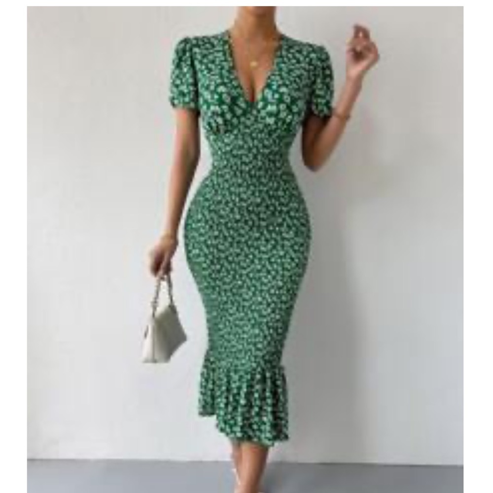 SHEIN green floral ribbed midi dress